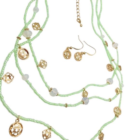 Light Green Seed Bead Necklace Earring Matching Set - Picture 2 of 5